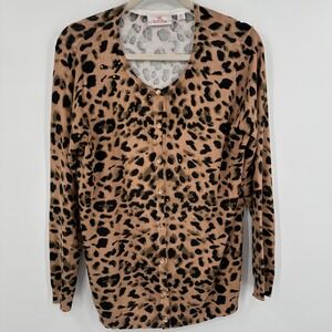 Quacker Factory Cardigan Sweater Womens Medium Leopard Print Button Front Beaded